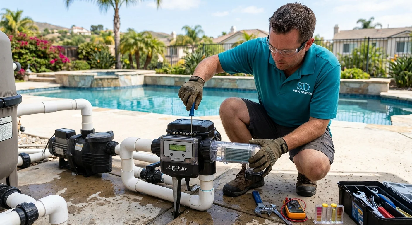 Salt chlorinator cell on a San Diego pool pad showing a warning