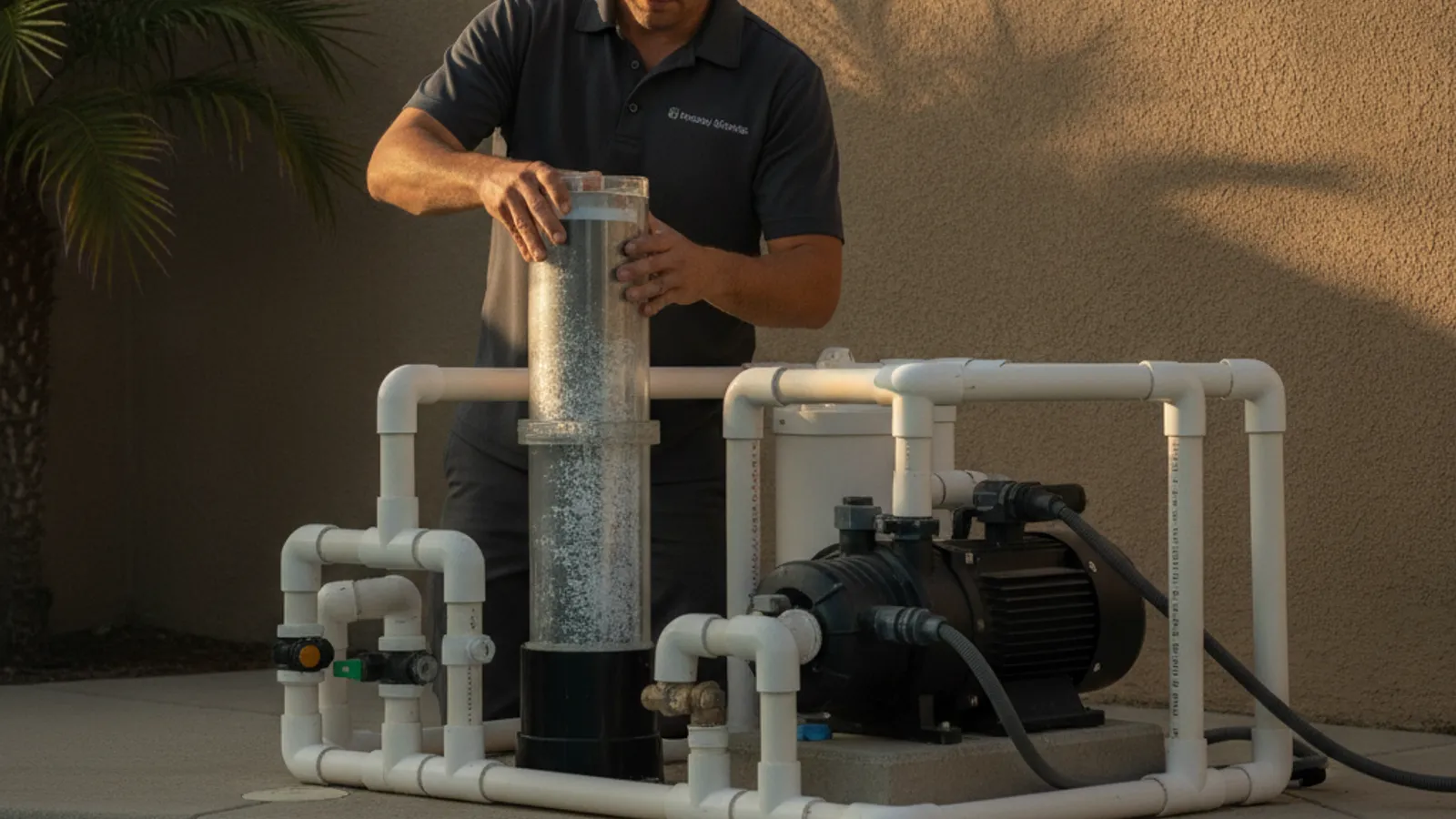 A pool technician holding a scaled salt chlorine generator cell removed from a San Diego pool's equipment pad, showing calcium buildup on the plates