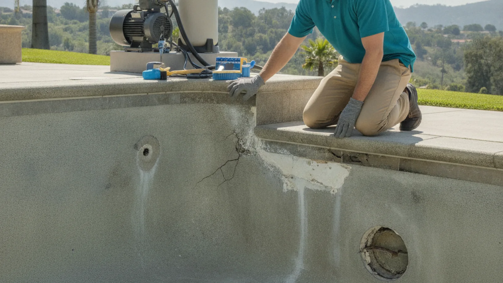 A San Diego backyard pool mid-resurfacing with the plaster stripped down to gray concrete and a trowel resting on the pool deck