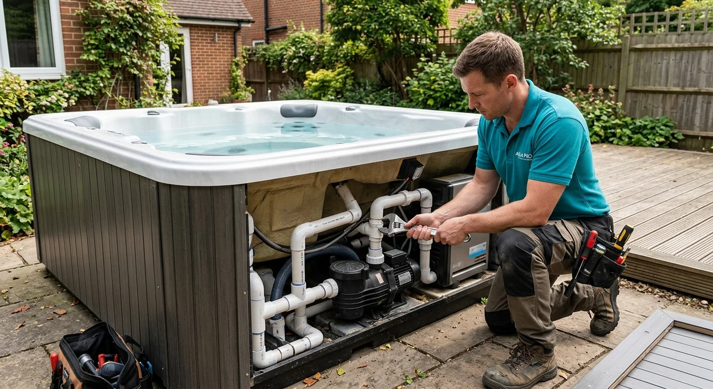 Technician inspecting plumbing behind a removed hot tub panel