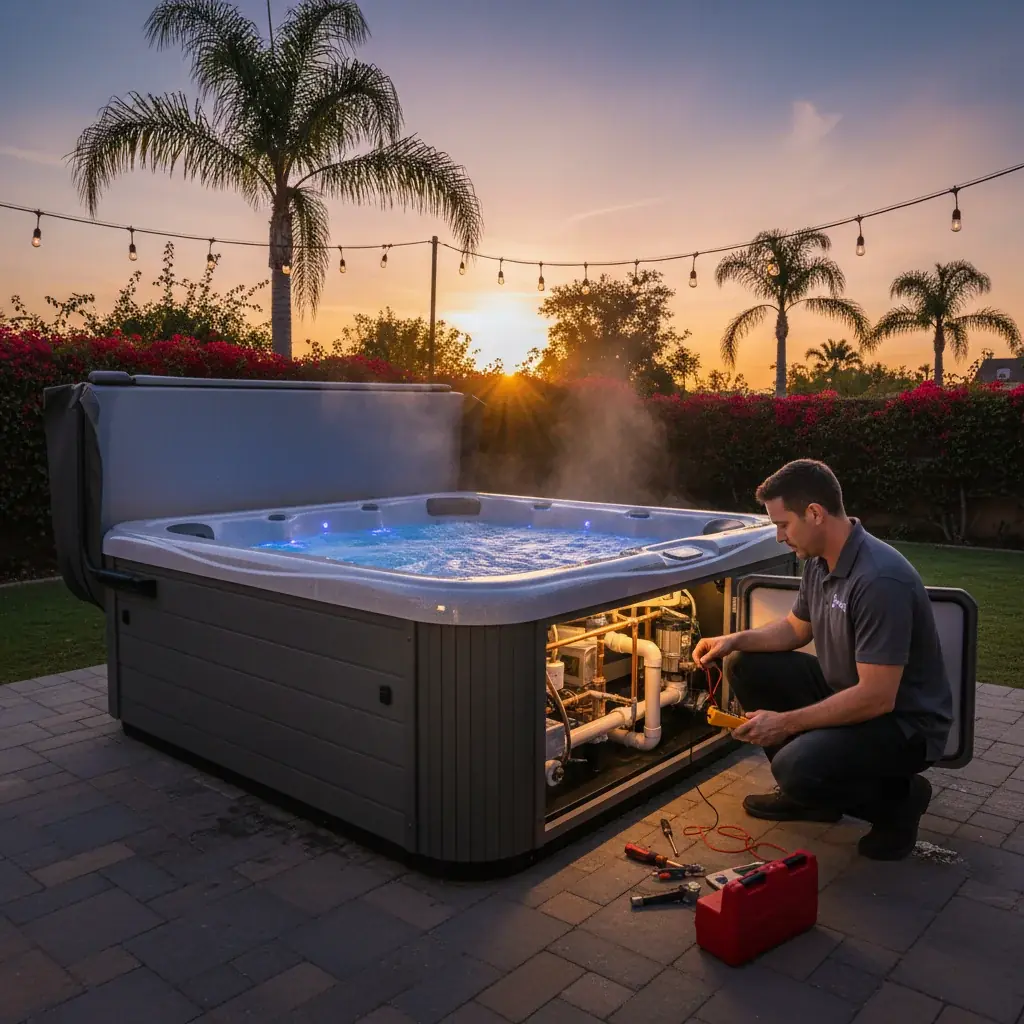 A technician inspecting the pump and control equipment beneath a hot tub beside a San Diego backyard patio