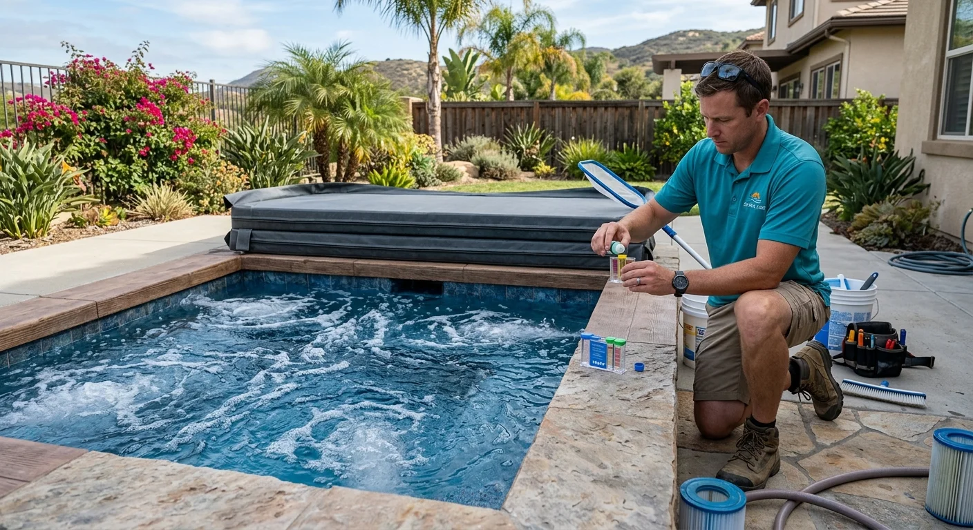 San Diego backyard hot tub with the cover folded back and wall jets visible in afternoon light