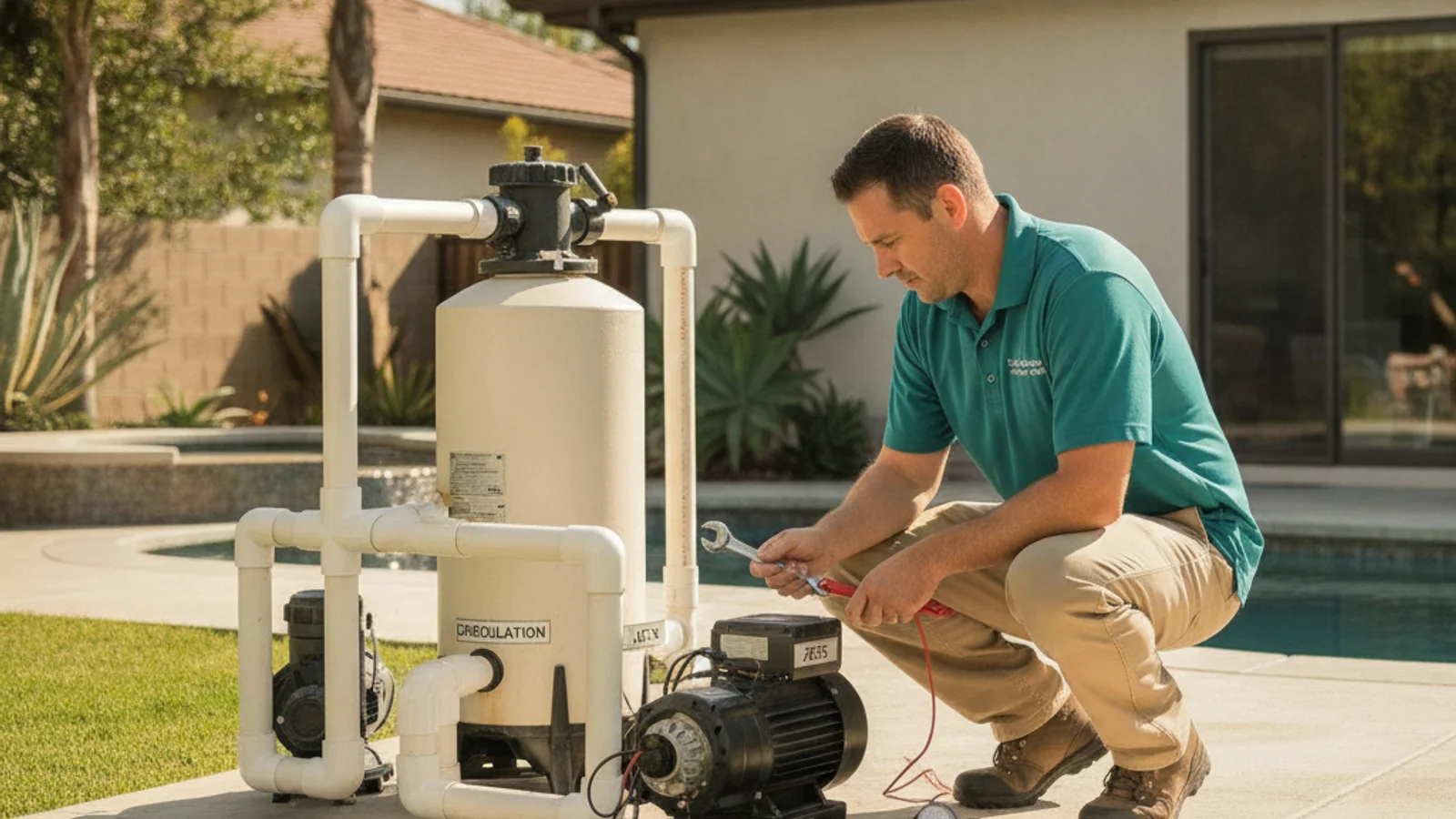 A San Diego spa specialist inspecting a jet pump inside an open hot tub cabinet on a backyard patio