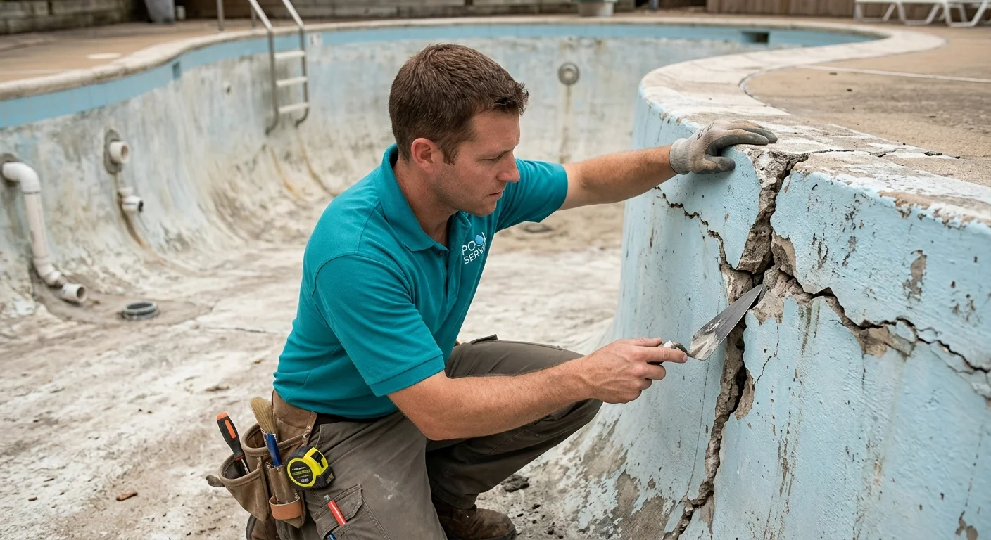 Structural crack running through a drained swimming pool shell