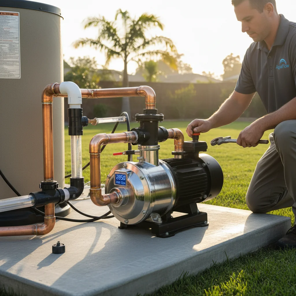 A modern variable-speed pool pump installed on a San Diego equipment pad with a digital control interface showing programmed speed settings