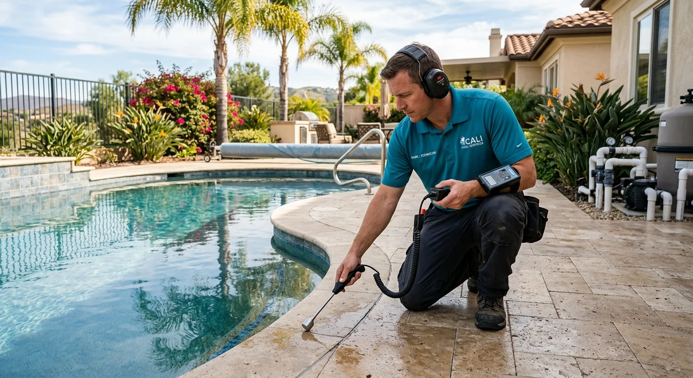 A leak detection specialist using listening equipment beside a San Diego backyard pool