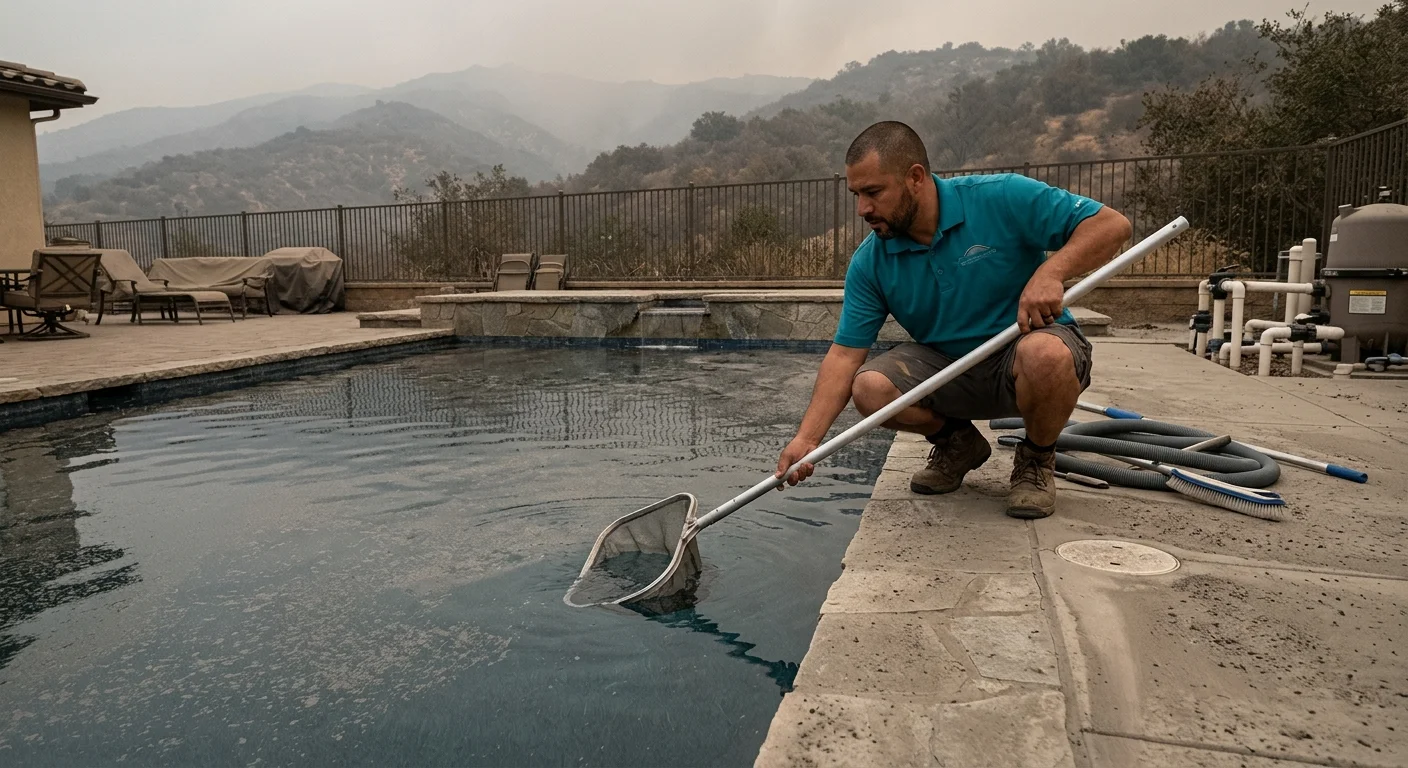 Thin gray wildfire ash on a San Diego backyard pool with hazy inland hills