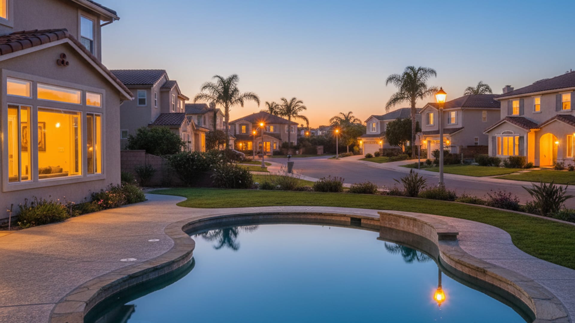 Sunlit backyard pool in Coronado, San Diego County