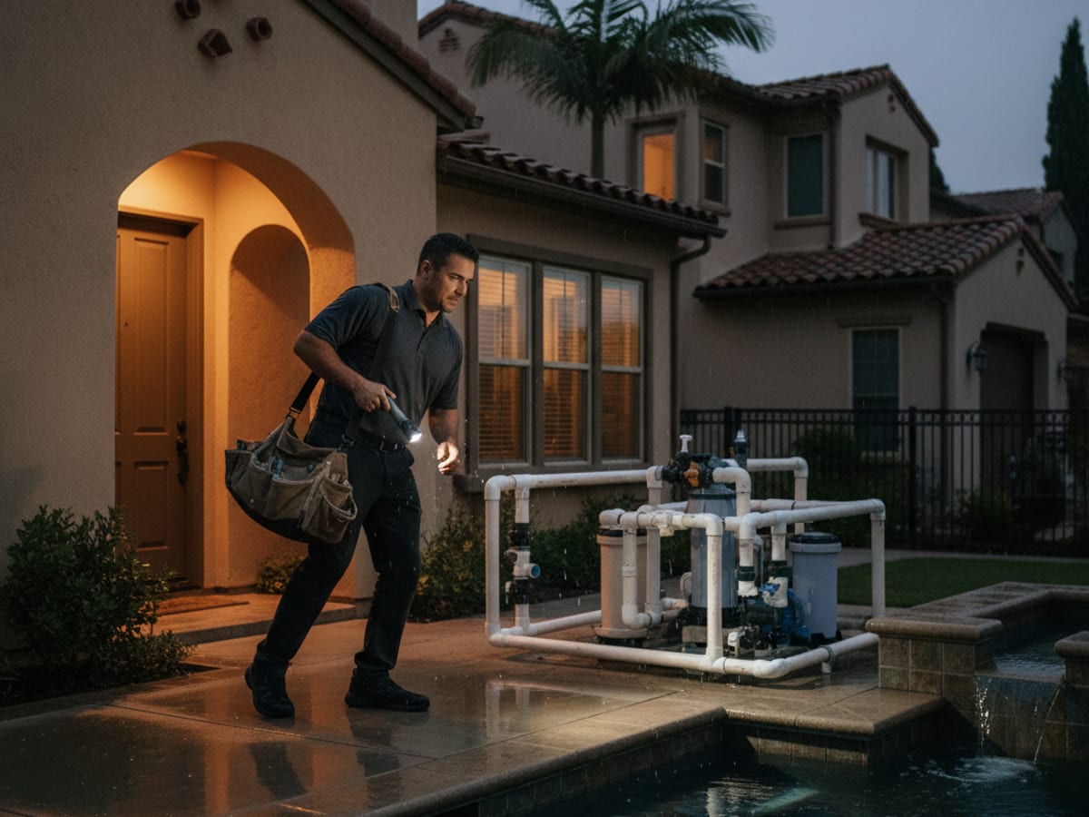 Pool specialist arriving at a San Diego home at dusk carrying a tool bag and flashlight
