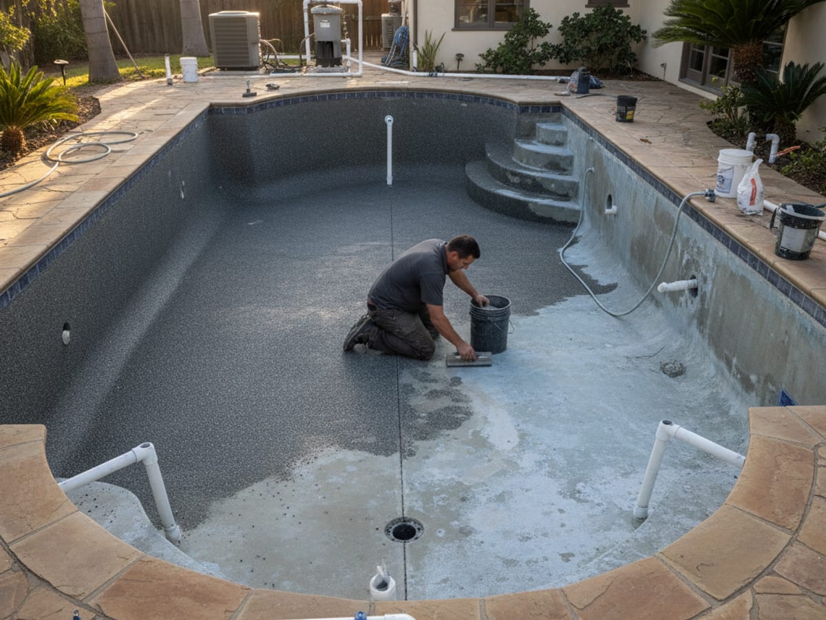 Fresh pebble finish being applied to a pool shell next to the old worn plaster surface