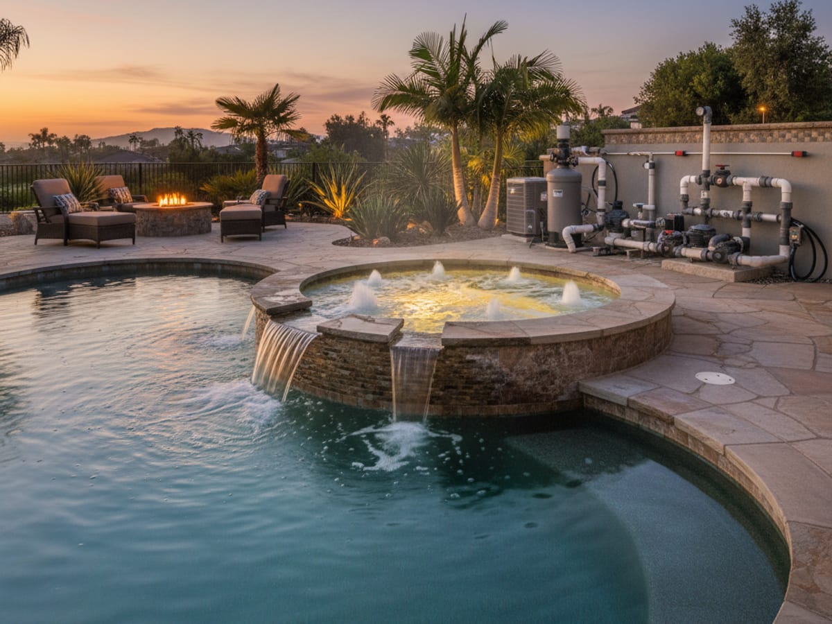 Built-in spa attached to a residential pool with jets running and warm LED lighting